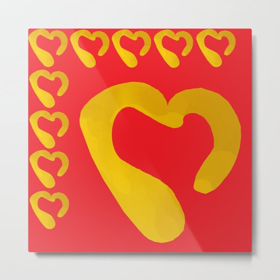 Gold Hearts on Red Metal Print