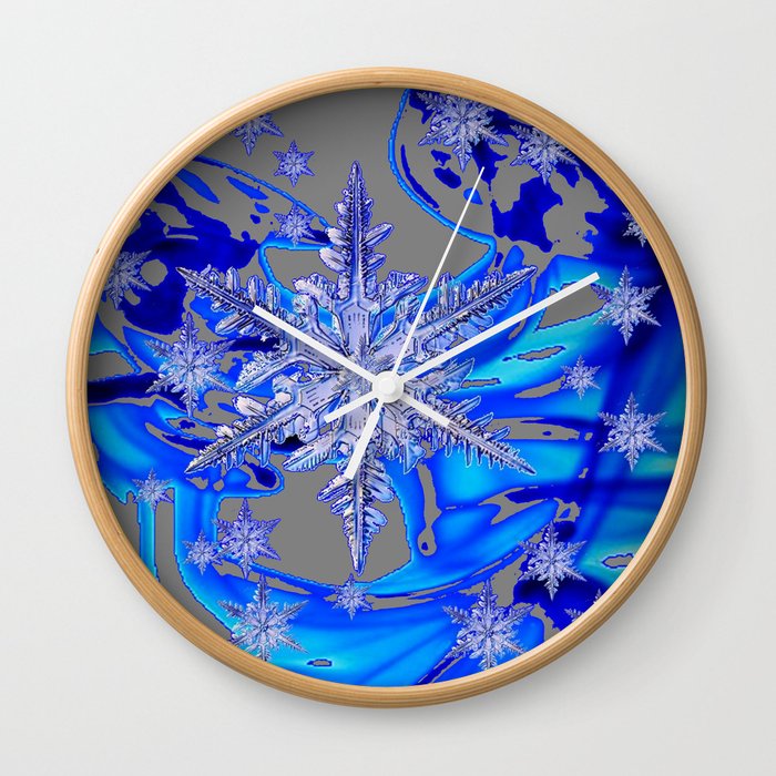 MODERN ROYAL BLUE WINTER SNOWFLAKES GREY ART Wall Clock