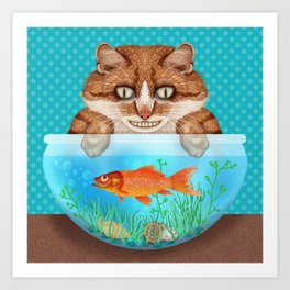Cat with Goldfish Bowl Whimsical Kitty and Fish Art Print | Kitties, Whimsical, Graphicdesign, Cats, Grinning, Tabbycat, Fish, Fishbowls, Funny, Goldfish 