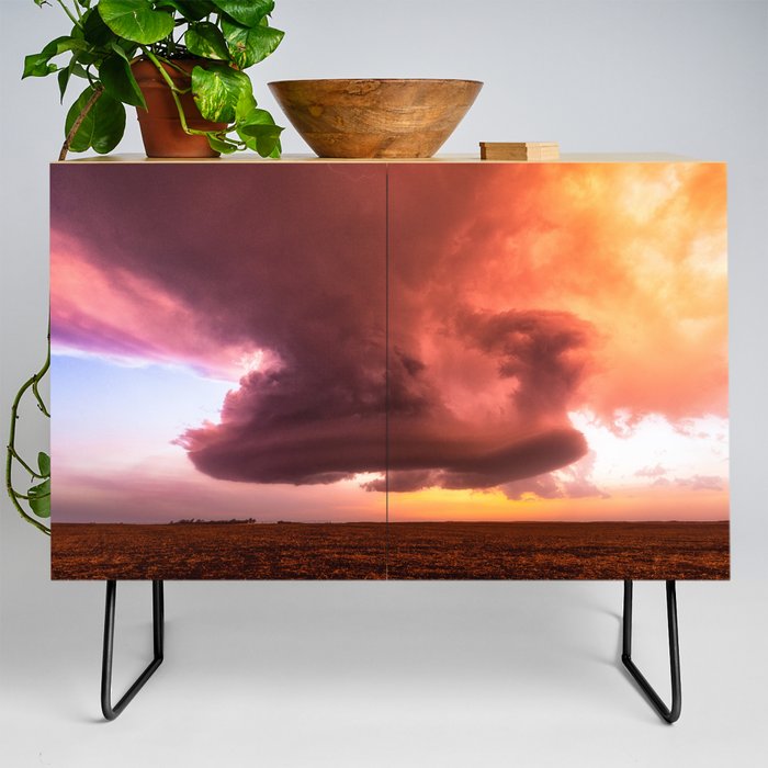 A Storm with No Rain - Supercell Thunderstorm Hovers Over Field at Sunset on Spring Evening in Kansas Credenza