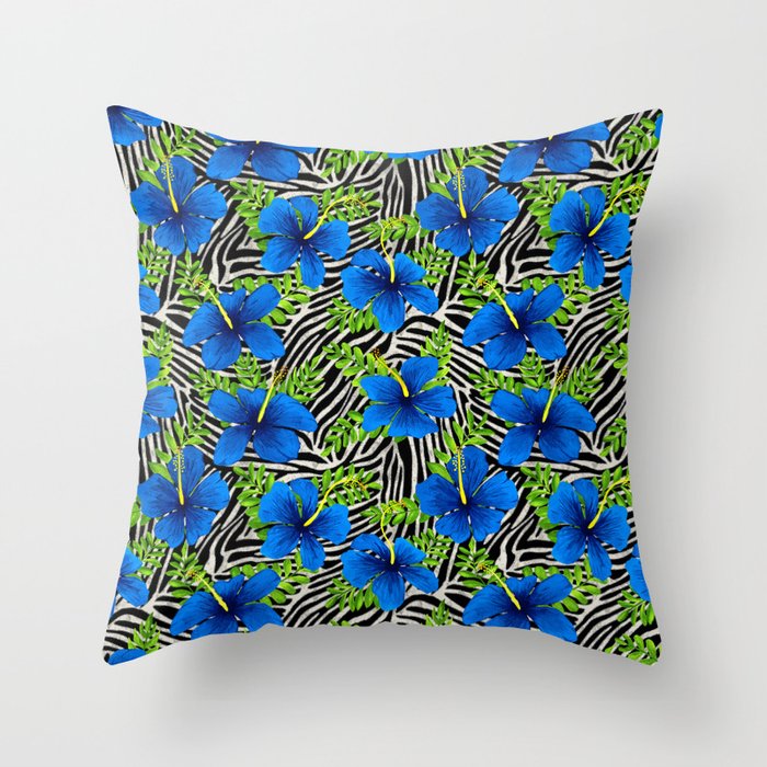 Blue Hibiscus and Zebra Stripes Throw Pillow