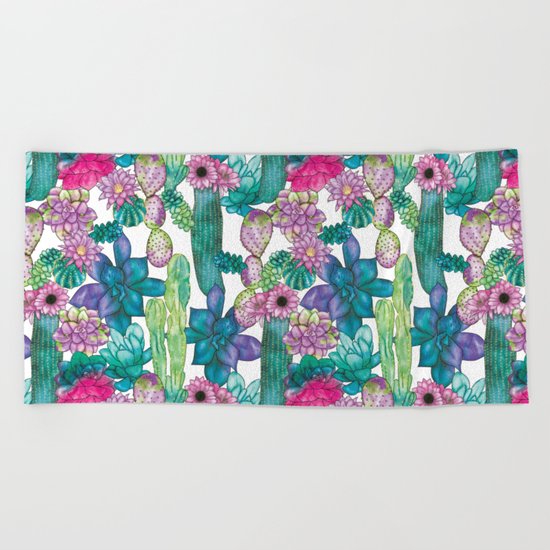 Cactus and succulents pattern Beach Towel