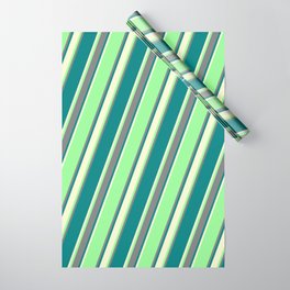 [ Thumbnail: Green, Grey, Teal & Light Yellow Colored Striped Pattern Wrapping Paper ]