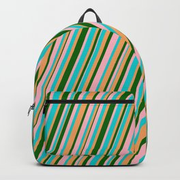 [ Thumbnail: Light Pink, Dark Turquoise, Brown & Dark Green Colored Lines Pattern Backpack ]
