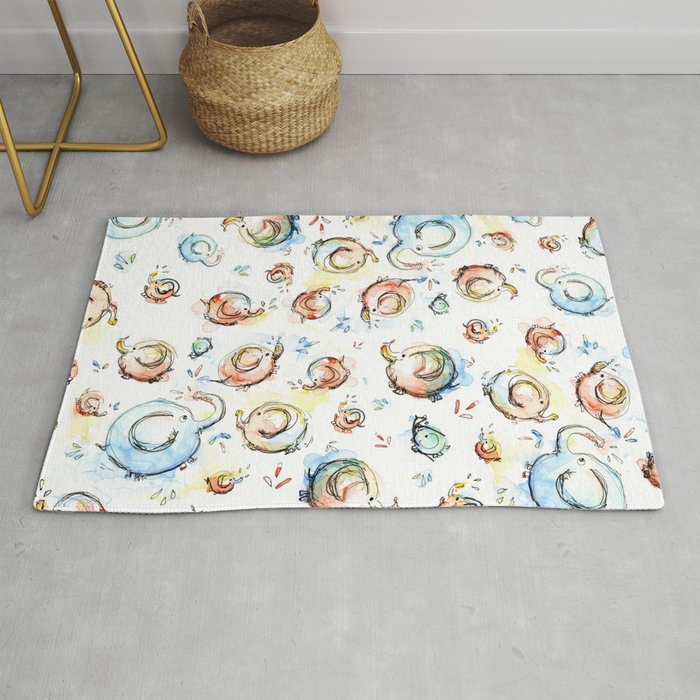 Elephants Pattern Watercolor Whimsical Animals Rug