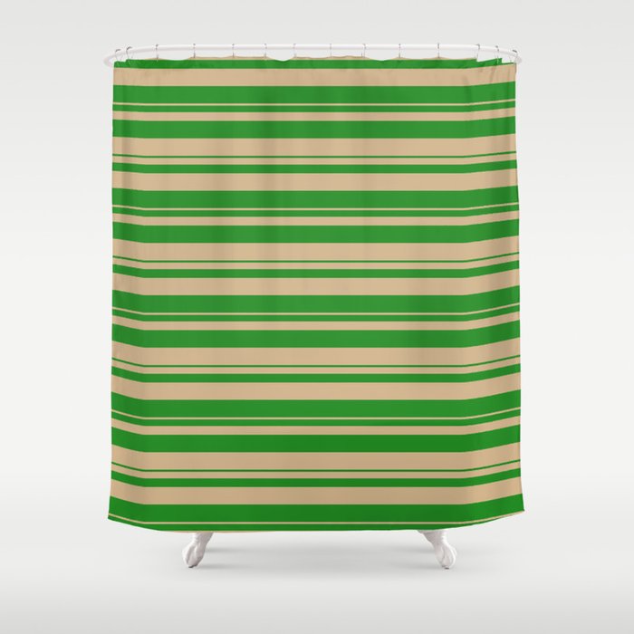Forest Green and Tan Colored Striped/Lined Pattern Shower Curtain
