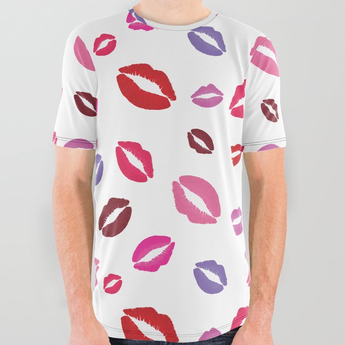 Lipstick kisses on white background. Digital Illustration background All Over Graphic Tee