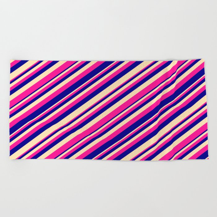 Deep Pink, Dark Blue & Beige Colored Lined Pattern Beach Towel