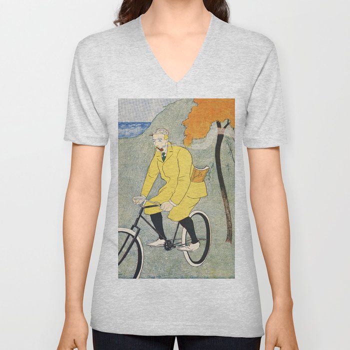 Man Riding Bicycle V Neck T Shirt