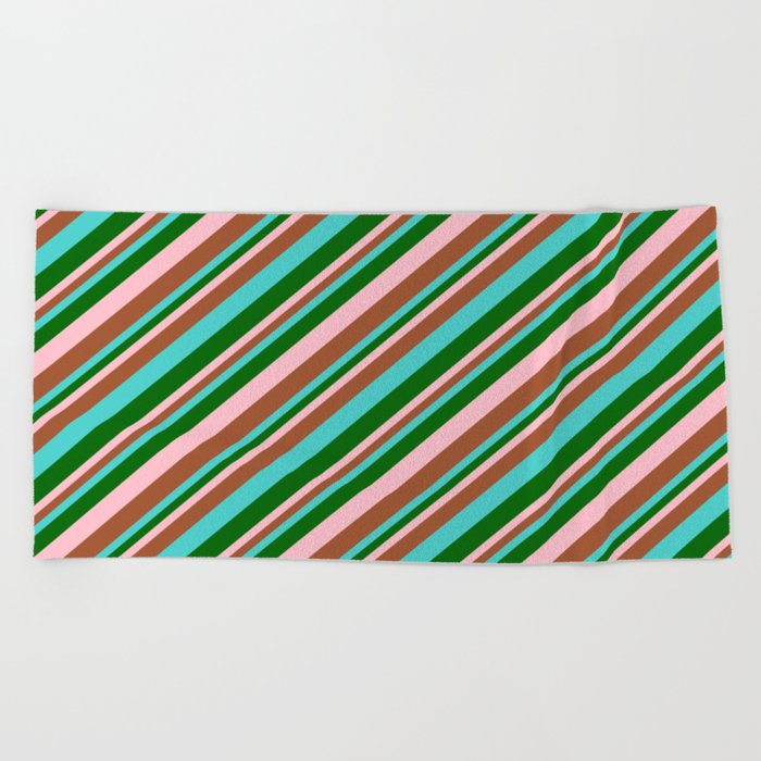 Turquoise, Dark Green, Pink, and Sienna Colored Lines Pattern Beach Towel