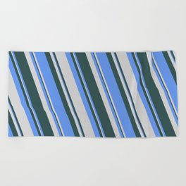 [ Thumbnail: Cornflower Blue, Light Grey & Dark Slate Gray Colored Lines/Stripes Pattern Beach Towel ]