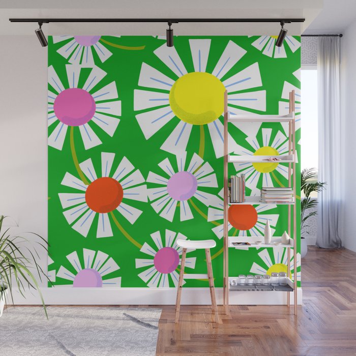 Modern Retro Daisy Flowers On Green Wall Mural