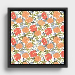 Coral, Peach and Blue Peony Design Framed Canvas