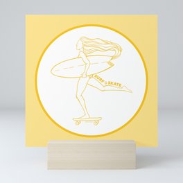 Surf Skate Cruise | California Skater Surfer Girl Design | Beach Inspired Artwork | Yellow Sunshine Mini Art Print