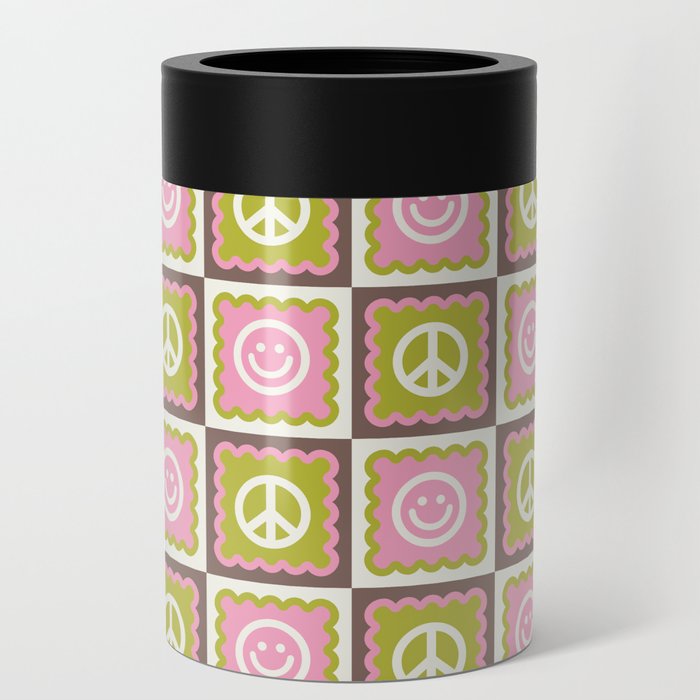Funky Checkered Smileys and Peace Symbol Pattern  Can Cooler