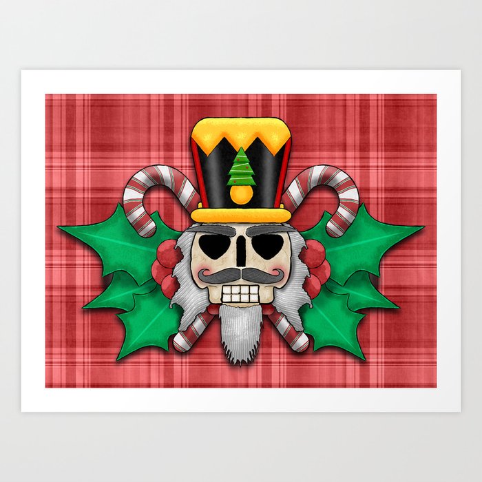 Nutcracker Skull on Red Plaid Christmas Design Art Print | Graphic-design, Digital, Nutcracker, Skull, Candy-cane, Bat-wings, Holly, Yule, Christmas, Holiday
