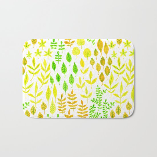 Watercolor doodle leaves pattern white Bath Mat