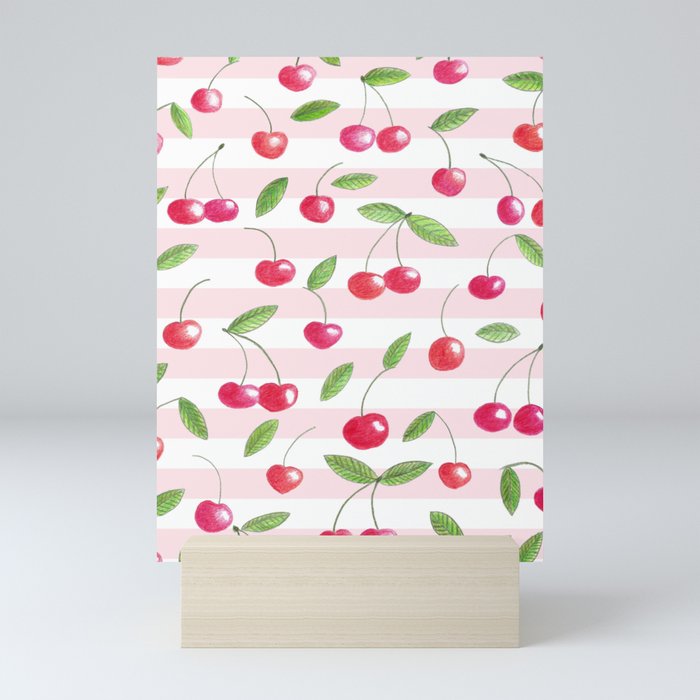 Cherries and pink stripes Mini Art Print