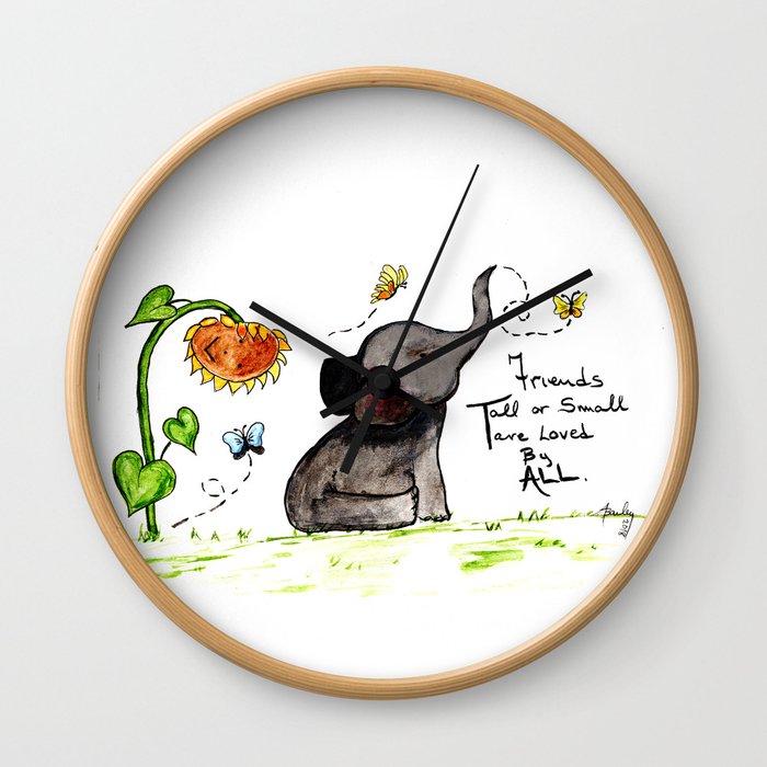 Friends are Loved by All - Baby Elephant Sunflower Butterflies Art by Annette Bailey Wall Clock