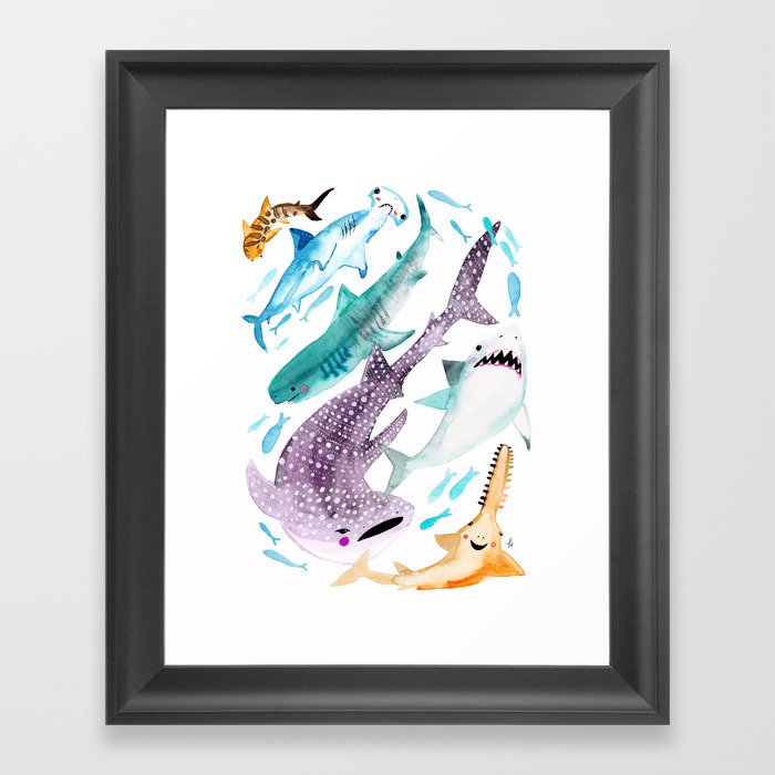 Help Stop Shark Finning - Watercolor Ocean Animals - Fish Framed Art Print