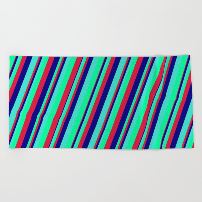Turquoise, Green, Crimson & Blue Colored Lines Pattern Beach Towel