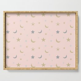 Gold and silver moon and star pattern on pink background Serving Tray