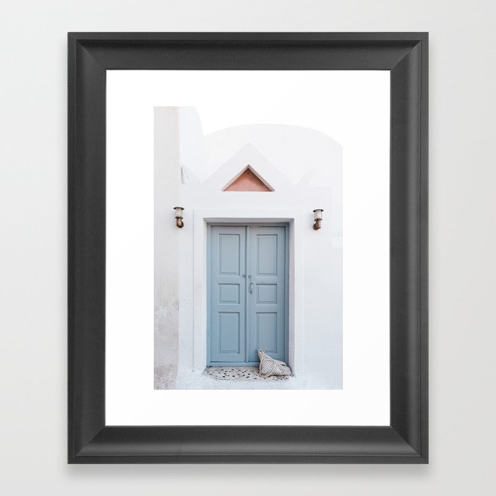 Blue door in Santorini | Pastel colors in Greece | White travel wall art print photography Framed Art Print
