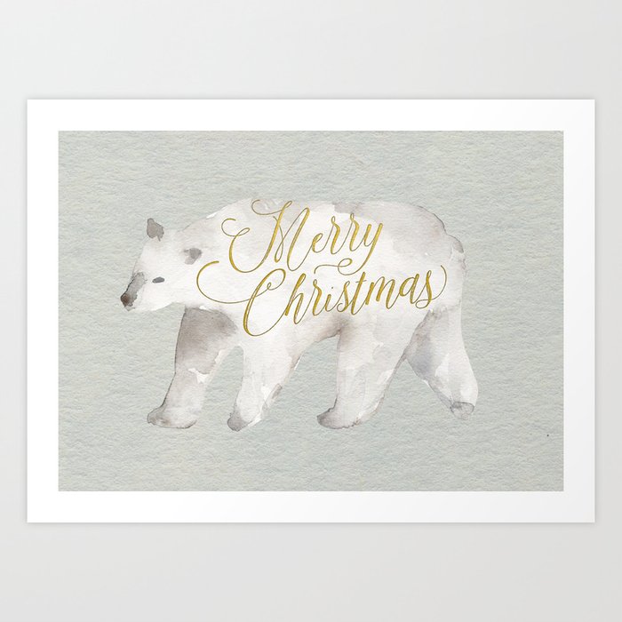 Watercolor Polar Bear Merry Christmas Modern Brush Script Greeting Card Art Print