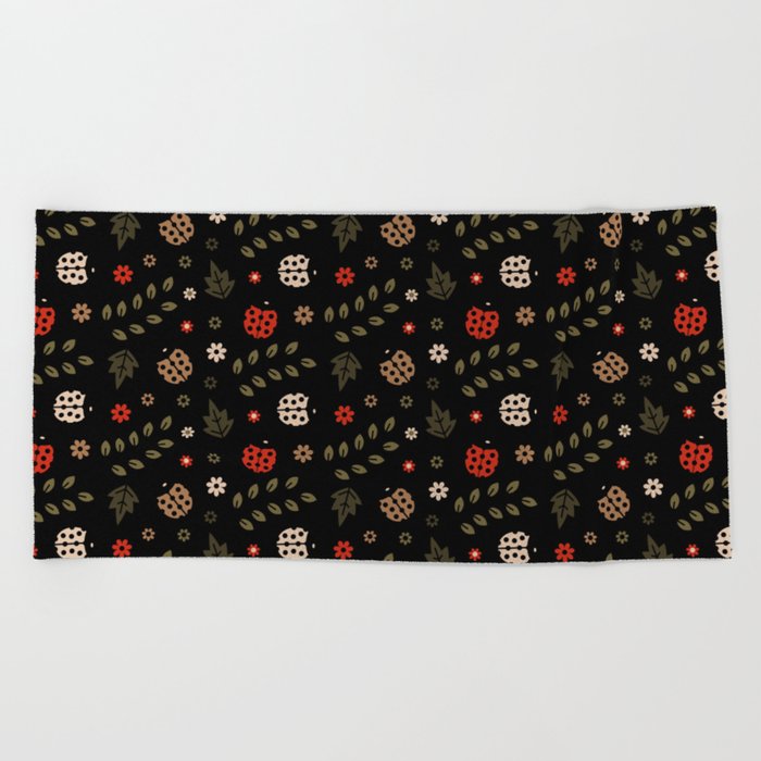 Ladybug and Floral Seamless Pattern on Black Background  Beach Towel