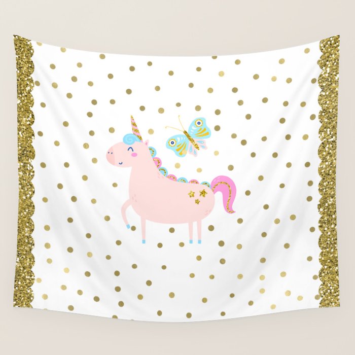 Pink & Gold Glitter Unicorn Wall Tapestry by Christyne Society6
