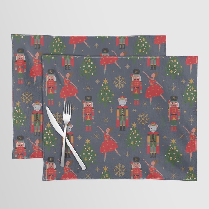 Retro Nutcracker and Ballerina Christmas Pattern Blue Background Placemat