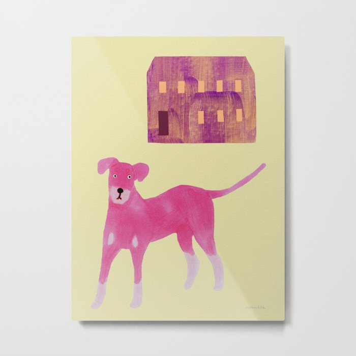 Dog and a House - Pink and Beige Metal Print