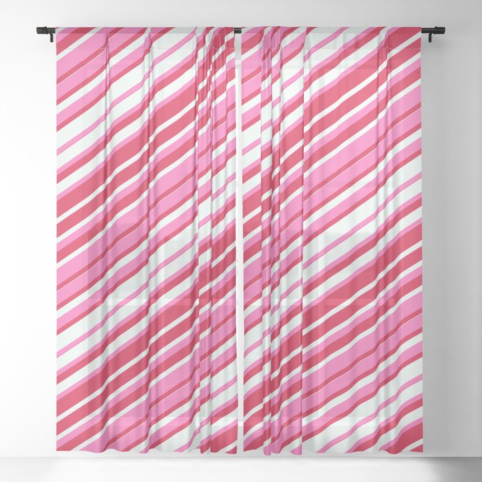 Hot Pink, Crimson, and Mint Cream Colored Stripes/Lines Pattern Sheer Curtain