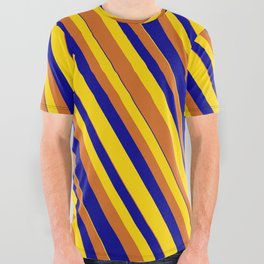 [ Thumbnail: Dark Blue, Yellow, and Chocolate Colored Striped/Lined Pattern All Over Graphic Tee ]