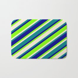 [ Thumbnail: Dark Blue, Chartreuse, Beige, and Teal Colored Stripes/Lines Pattern Bath Mat ]
