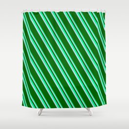 [ Thumbnail: Green, Powder Blue & Dark Green Colored Lines Pattern Shower Curtain ]