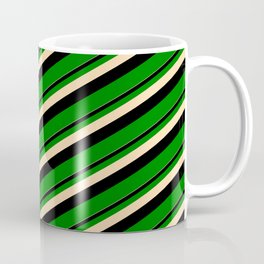[ Thumbnail: Tan, Black & Green Colored Stripes/Lines Pattern Coffee Mug ]