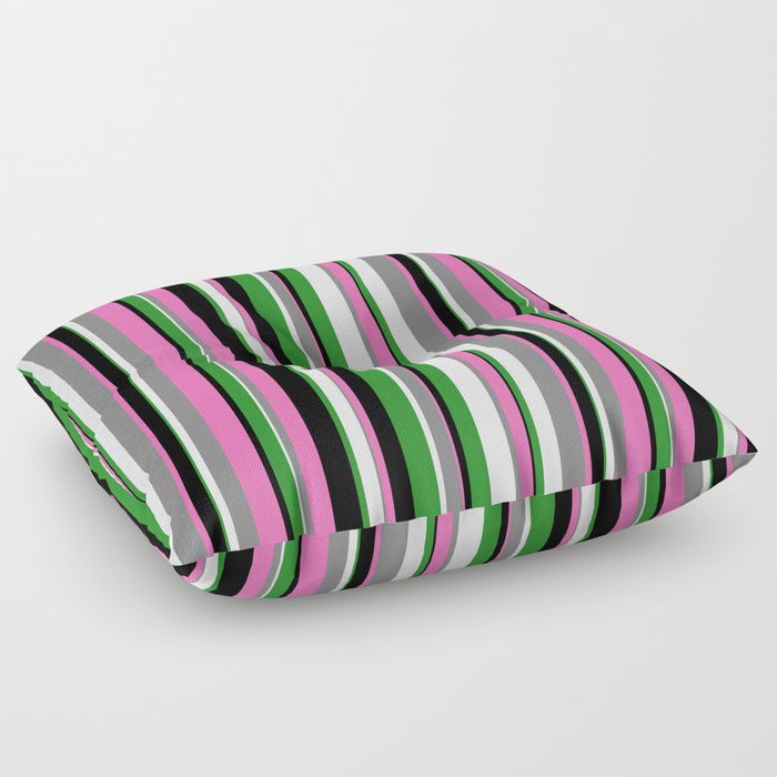 Eyecatching Black, Hot Pink, Gray, White, and Forest Green Colored Stripes/Lines Pattern Floor Pillow