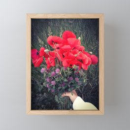 Summer red poppies and clover bloquet in woman's hand field essence Framed Mini Art Print