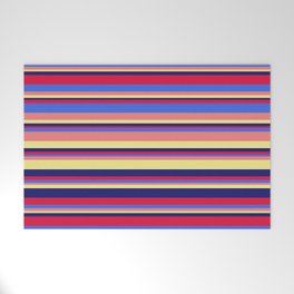 [ Thumbnail: Eye-catching Crimson, Royal Blue, Light Coral, Tan, and Midnight Blue Colored Striped/Lined Pattern Welcome Mat ]