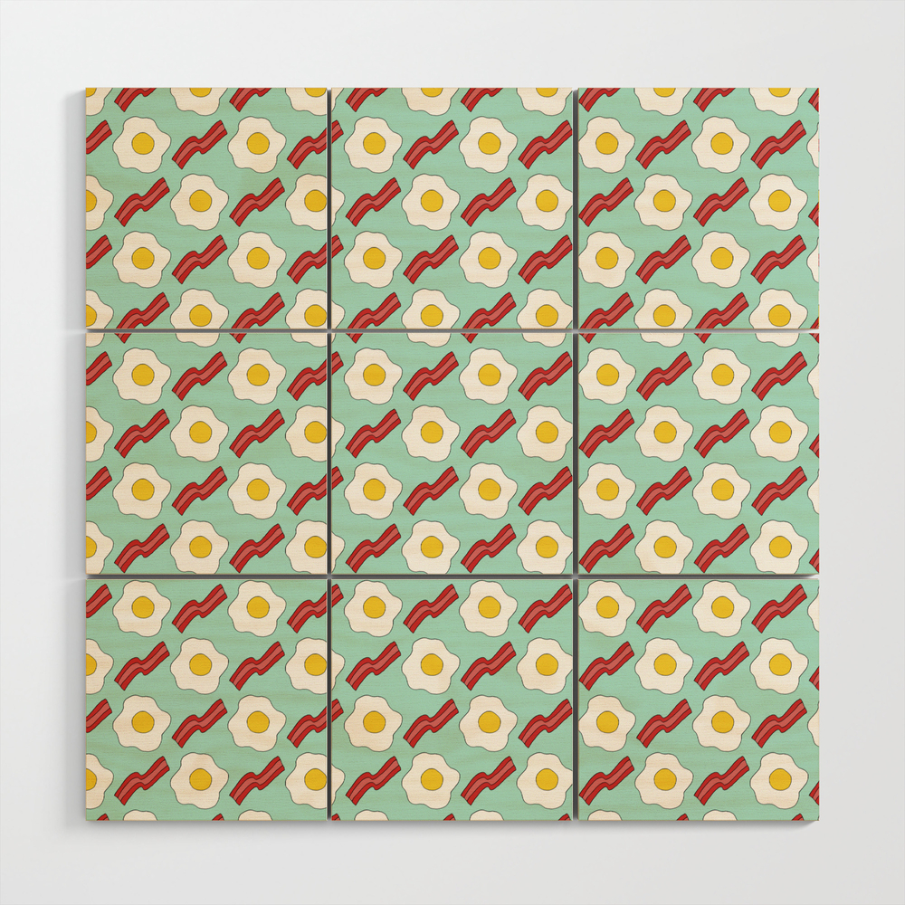 Eggs And Bacon - Hand-Drawn Breakfast Pattern Wood Wall Art by northernwhimsy