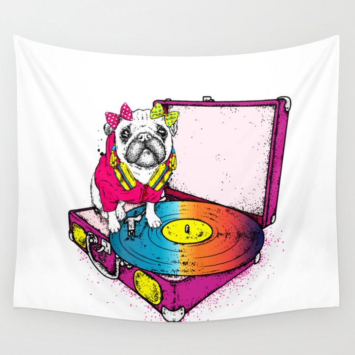Funny Pug Bow Sits On Turntable Wall Tapestry