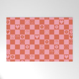 Happy Checkered pattern pink Welcome Mat
