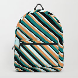 [ Thumbnail: Brown, Dark Cyan, Black, and Light Cyan Colored Stripes Pattern Backpack ]