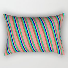 [ Thumbnail: Blue, Green, Sienna & Light Coral Colored Striped/Lined Pattern Rectangular Pillow ]