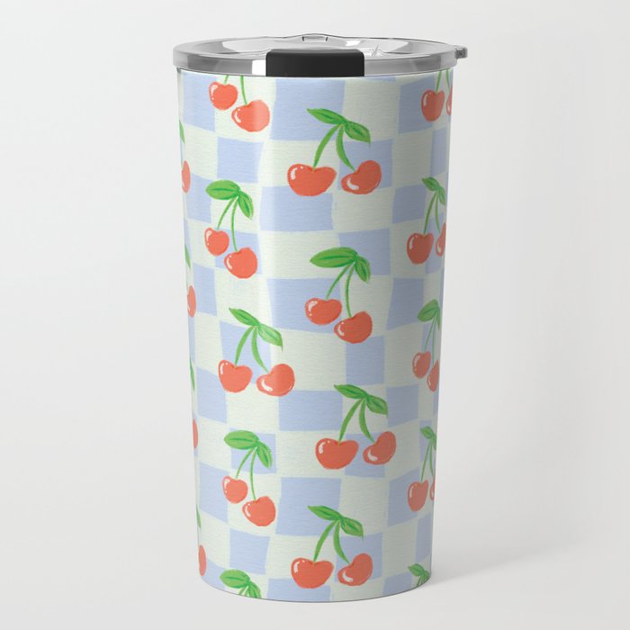 Hand-drawn Cherries on Hand-drawn Checkerboard \\ Canvas Texture \\ Travel Mug