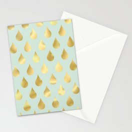 Golden Yellow Raindrops on Sage Green Background Stationery Card