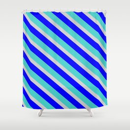 [ Thumbnail: Turquoise, Light Grey & Blue Colored Lines/Stripes Pattern Shower Curtain ]