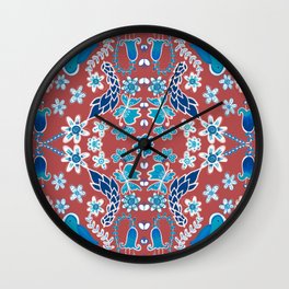 Dusty red flowers fauna Surface pattern design Wall Clock