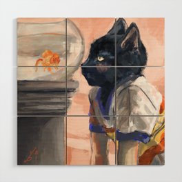anthropomorphic cat with pet goldfish. Looking through the fish bowl Wood Wall Art